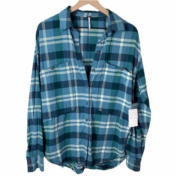 FREE PEOPLE NWT Button Up Plaid Blue Blouse Top Shirt – Small - Picture 6 of 15